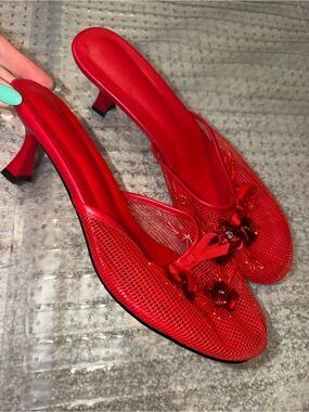 Red Women's Mesh Slide Heels with Floral Embellishments brand new size 9